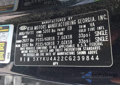 2012 Kia Sorento Ex из США, поврежденный, VIN 5XYKU4A22CG239844